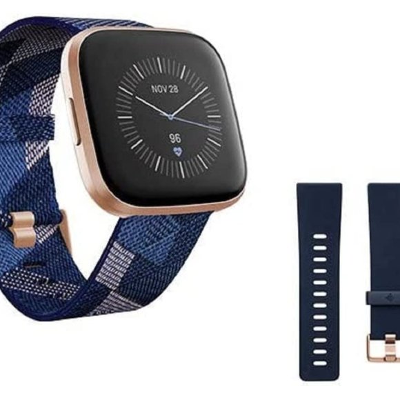 Fitbit - Versa 2 Special Edition Bundle (Navy and Pink Woven/Copper Rose)